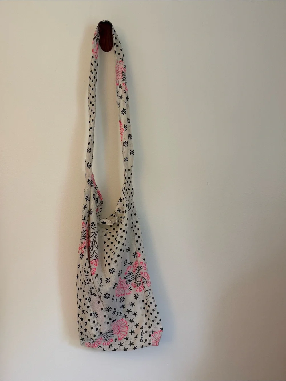 Free People Cream/White Shoulder Bag with Pink Floral & Black Polka Dot Print
